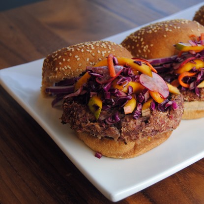 Beet Burgers with Mango Slaw