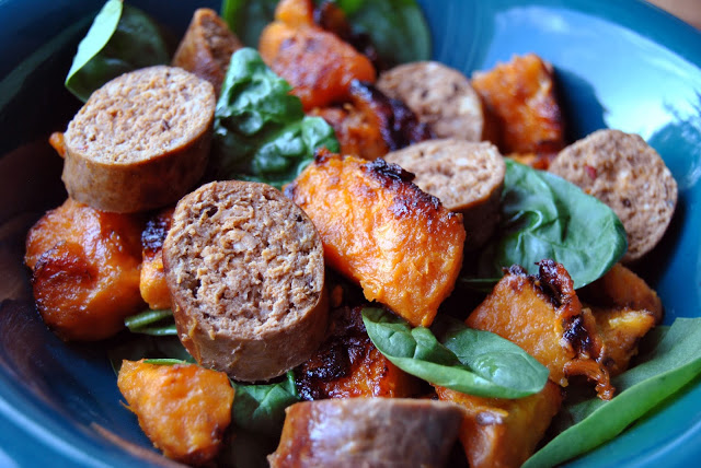 Venison Merguez, Sweet Potato & Spinach Bowls