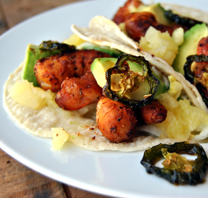 Shrimp Tacos with Jicama Slaw & Candied Jalapeño