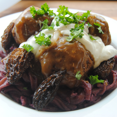 Elk Stroganoff with Red Wine Noodles